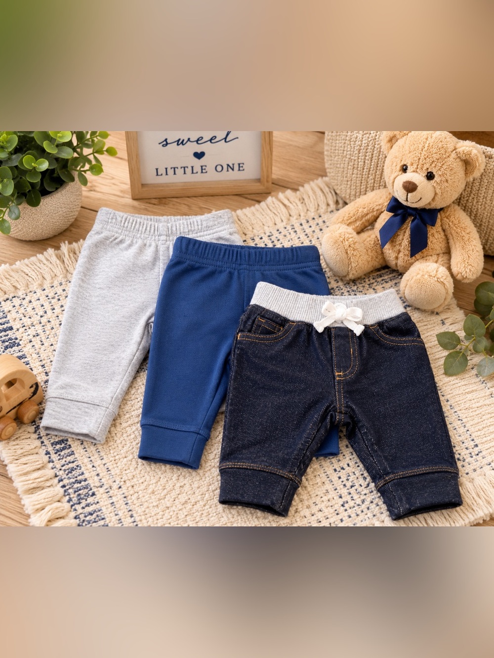Lot of 3 Carter's Newborn Baby Pants NB 0M Gray Blue Faux Denim Pull-On
